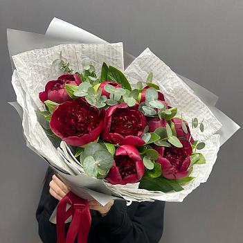 Букет из 9 бордовых пионов и эвкалипта