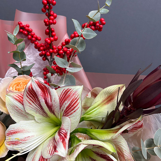 Сезонный букет с красно-белым амариллисом, красным илексом и леукадендроном  по лучшей цене в Москве Сезонный букет с красно-белым амариллисом, красным илексом и леукадендроном  с доставкой в Москве
