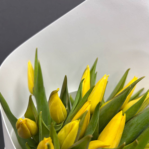 Букет из 19 желтых тюльпанов в белом фоамиране по лучшей цене в Москве Букет из 19 желтых тюльпанов в белом фоамиране с доставкой в Москве