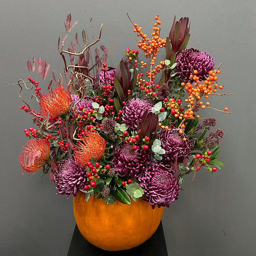 Сезонная композиция в тыкве с хризантемами Бигуди, илексом и экзотикой  по лучшей цене в Москве Сезонная композиция в тыкве с хризантемами Бигуди, илексом и экзотикой  с доставкой в Москве