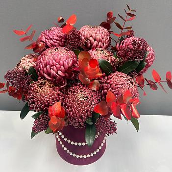 Композиция в красной шляпной коробке с сезонными хризантемами и скимией, украшенной жемчугом 