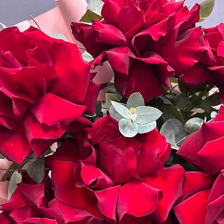 Букет из 9 красных Французских роз с эвкалиптом