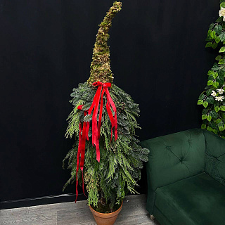 Авторская елка с микосм из хвои, мхом и красными, бархатными бантами