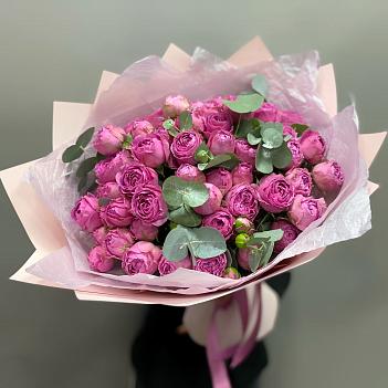 Букет из 15 пионовидных роз Ммсти Баблс и эвкалипта