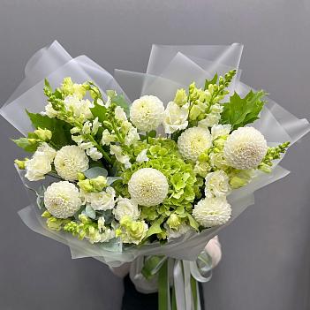 Микс букет из белоснежных сезонных георгин, гортензий и антирринумоы 