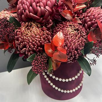 Композиция в красной шляпной коробке с сезонными хризантемами и скимией, украшенной жемчугом Композиция в красной шляпной коробке с сезонными хризантемами и скимией, украшенной жемчугом