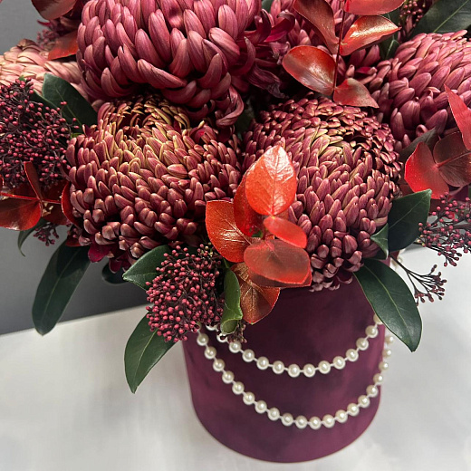 Композиция в красной шляпной коробке с сезонными хризантемами и скимией, украшенной жемчугом  с доставкой в Москве