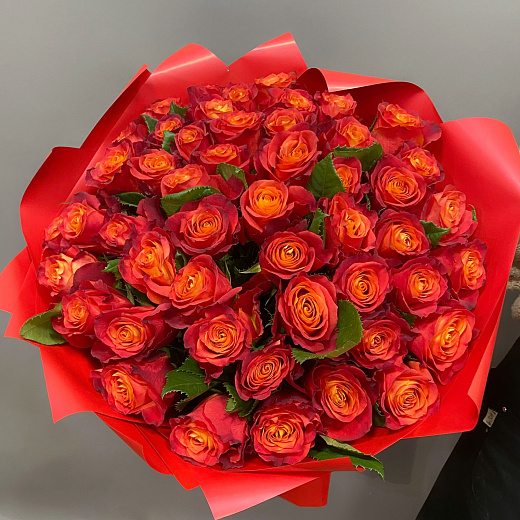 Букет из 49 огненных Эквадорских роз ( 70 см)