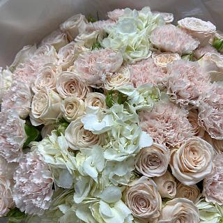 Сборный букет с гортензиями, пионовидной розой и гвоздикой