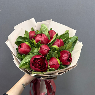 Монобукет из 9 бордовых пионов в матовой плёнке 