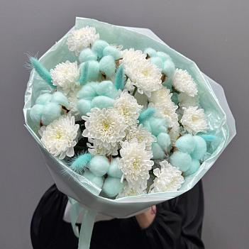 Микс из кустовых хризантем, хлопка и лагуруса