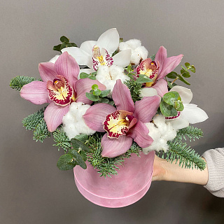 Букет их орхидей в розовой, бархатной коробке