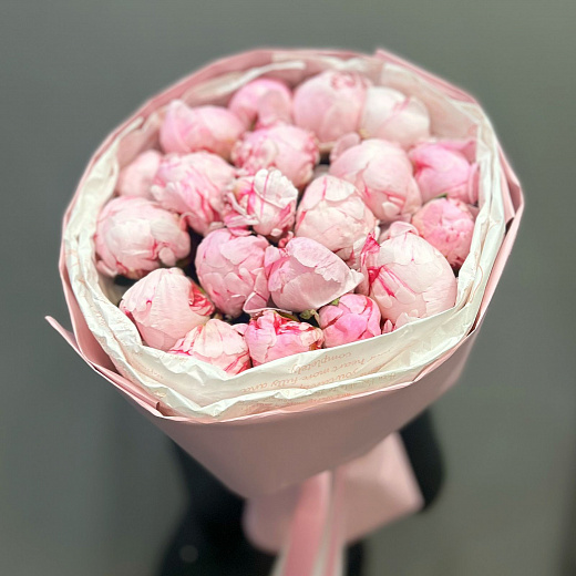 Букет из 15 розовых пионов Сара Бернар в круглой упаковке с доставкой в Москве