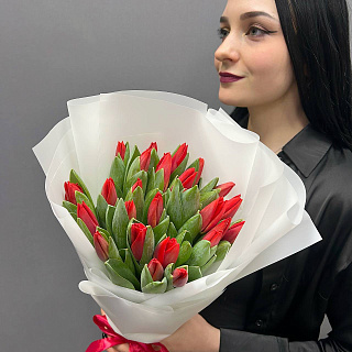 Букет из 25 красных  тюльпанов в белой пленке
