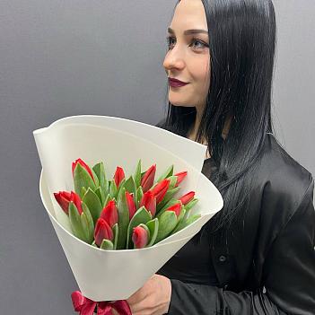 Букет из 15 красных  тюльпанов в белом фоамиране