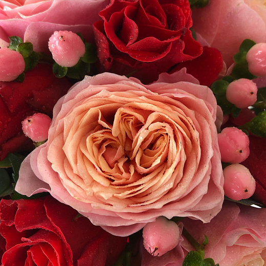 Букет из персиковых пионовидных роз, красных кустовых роз, гиперикума и эвкалипта