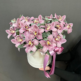 19 розовых орхидей в белой коробке