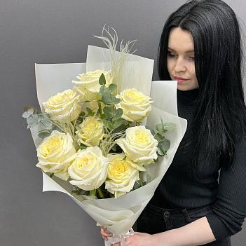 Монобукет из 9 эквадорских белых роз со стифой