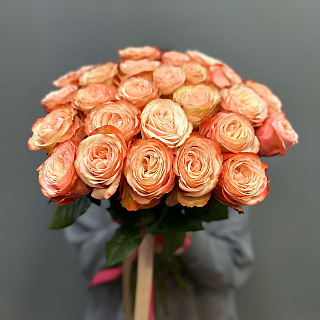 Букет из 25 пионовидных Эквадорсикх роз Кахала под ленту ( 50 см)