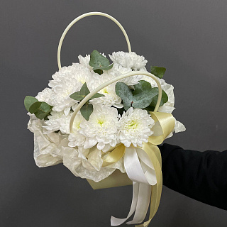 Букет из 3 хризантем с эвкалиптом в сумочке