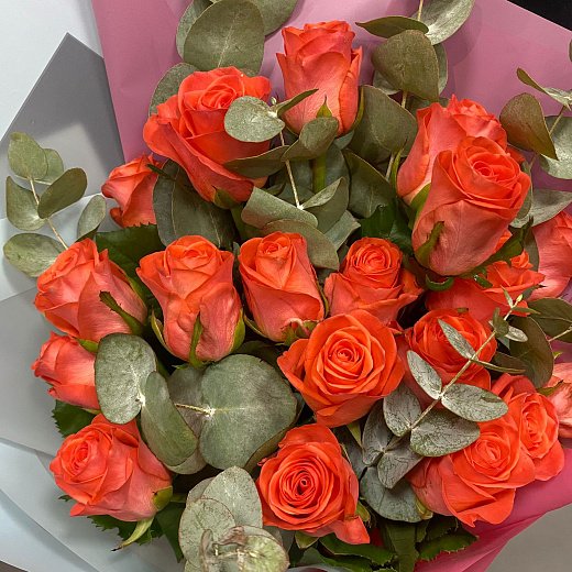 19 оранжевых роз с эвкалиптом